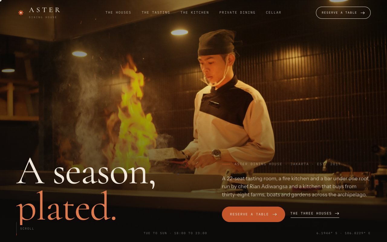 ASTER, a fine-dining house whose seven-course tasting menu is a pinned scroll rail