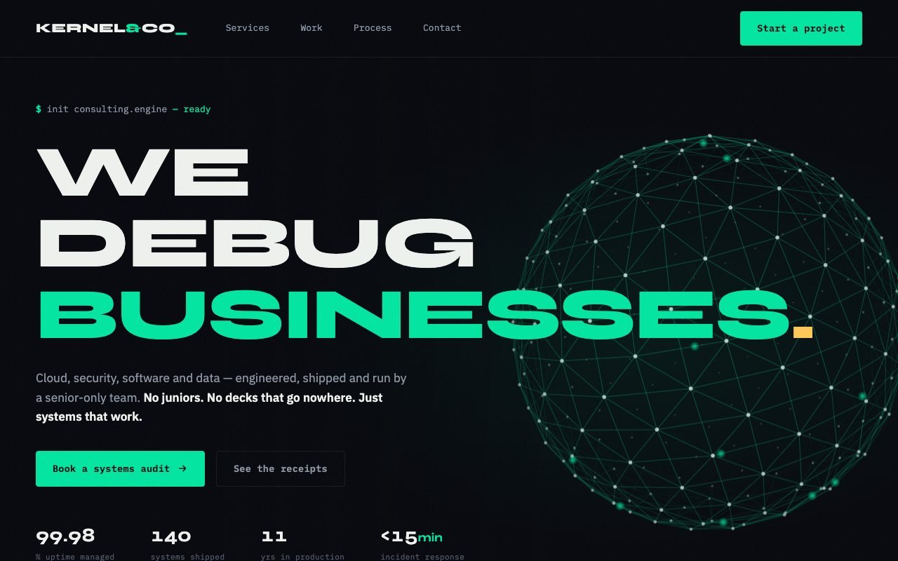 KERNEL and CO., an IT consulting site with a hand built 3D particle globe