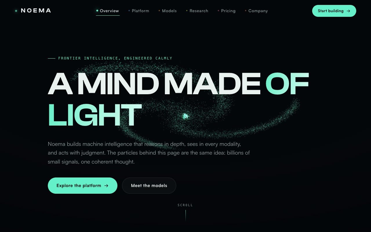 NOEMA, an AI research lab site with a particle brain that morphs between pages