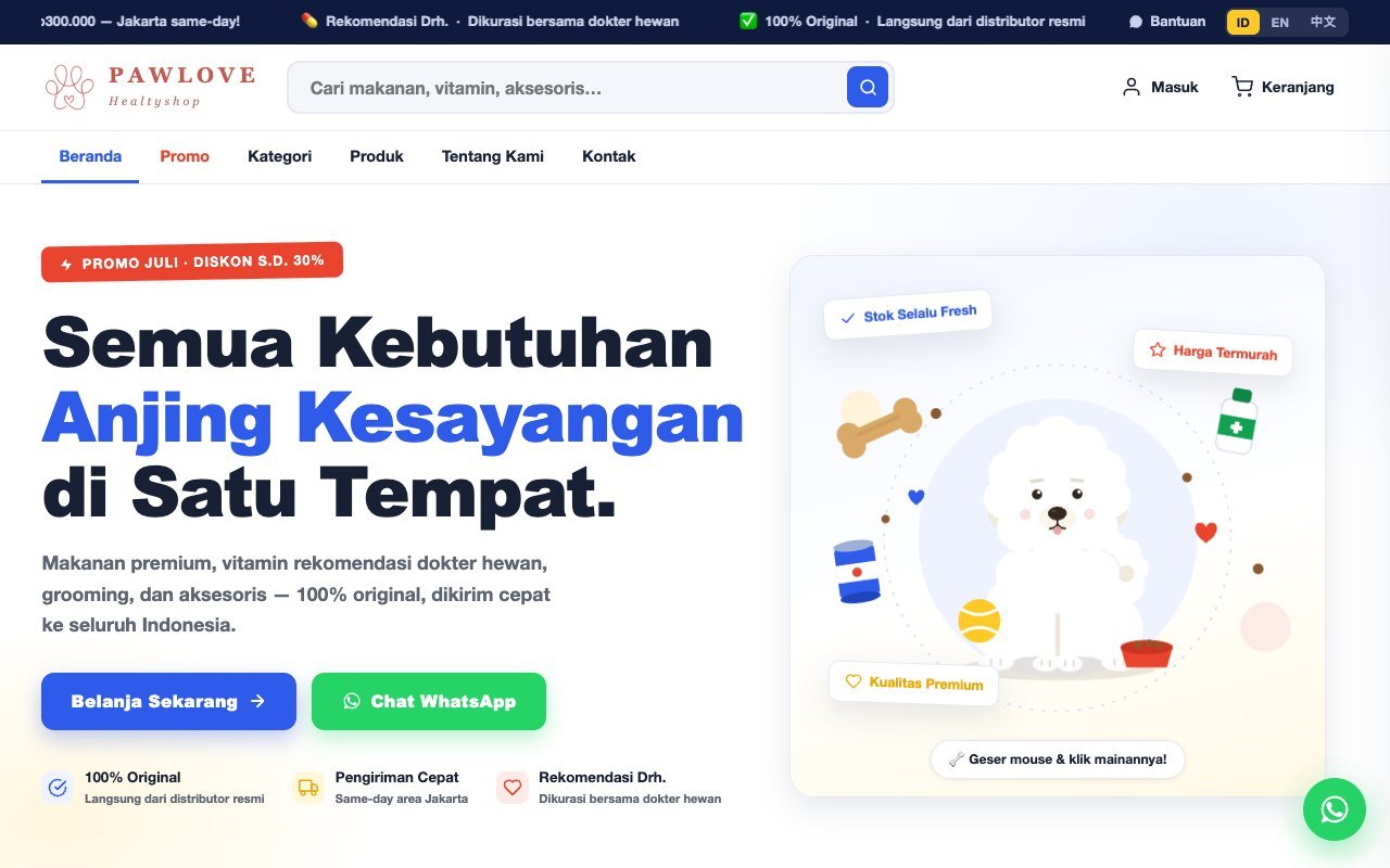 PAWLOVE, a dog boutique with a 3D hero and WhatsApp checkout