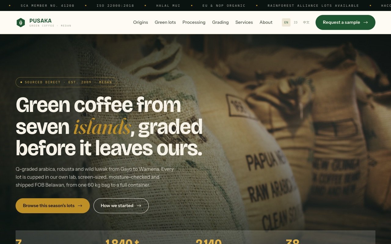 PUSAKA, a green coffee exporter website with an interactive map of Indonesia