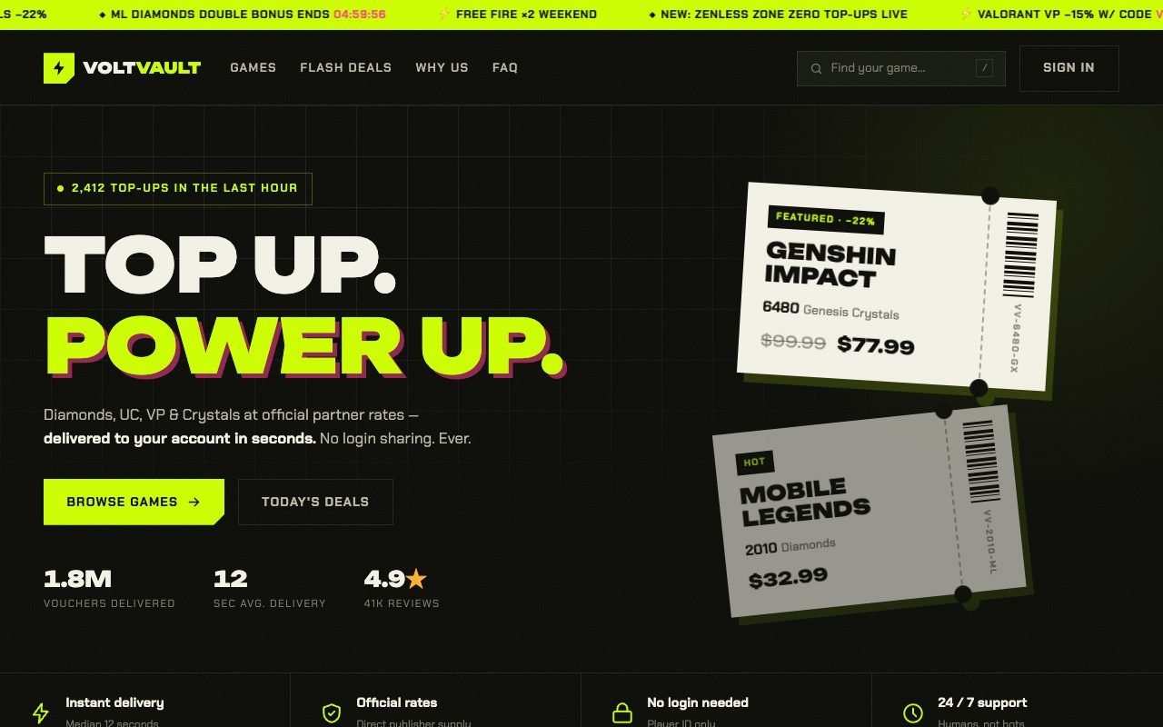 VOLT VAULT, a gaming voucher storefront built on a ticket motif